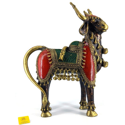 Five-Legged Holy Cow Brass Figurine Made with Dhokra Art (Multicolor, 14 inch)
