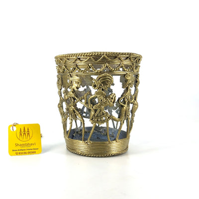 Dhokra Art Tribal Women Celebration Brass Pen Holder (Golden, 3.75 inch)