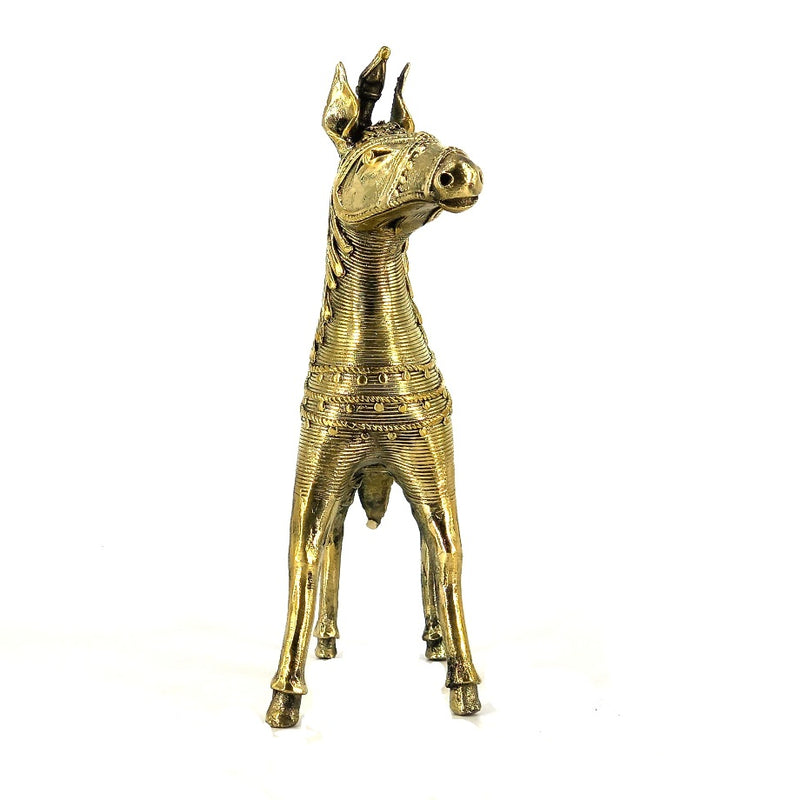 Elegant Handmade Brass Sleek Horse Statue with Unicorn and Lush Mane (Golden, 8.5 inch)