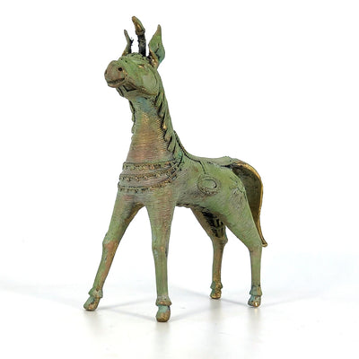 Enchanting Handmade Brass Sleek Horse Statue with Unicorn and Lush Mane (Verdigris green, 8.5 inch)