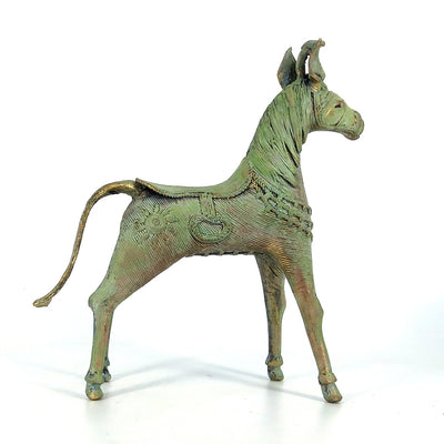 Enchanting Handmade Brass Sleek Horse Statue with Unicorn and Lush Mane (Verdigris green, 8.5 inch)