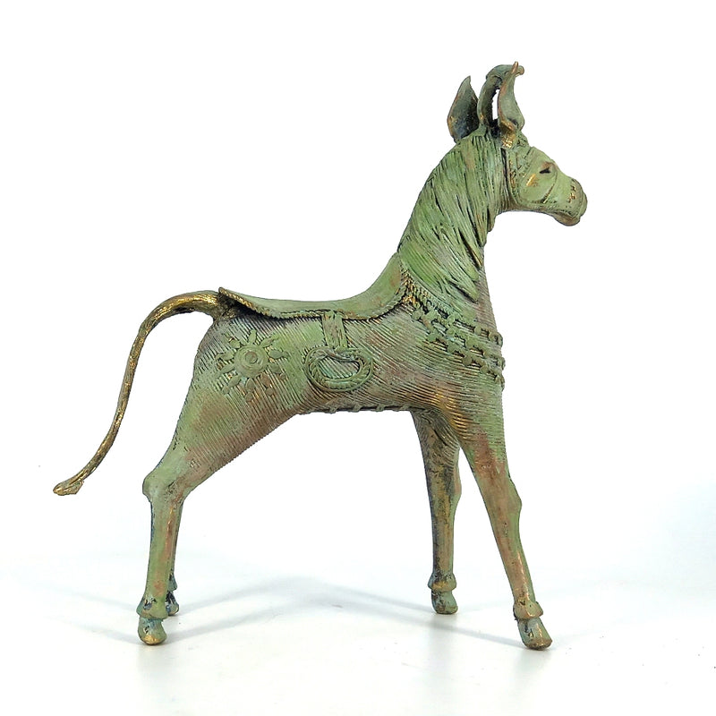 Enchanting Handmade Brass Sleek Horse Statue with Unicorn and Lush Mane (Verdigris green, 8.5 inch)