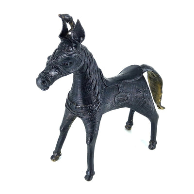 Majestic Handmade Brass Sleek Horse Statue with Unicorn and Lush Mane (Black, 8.5 inch)