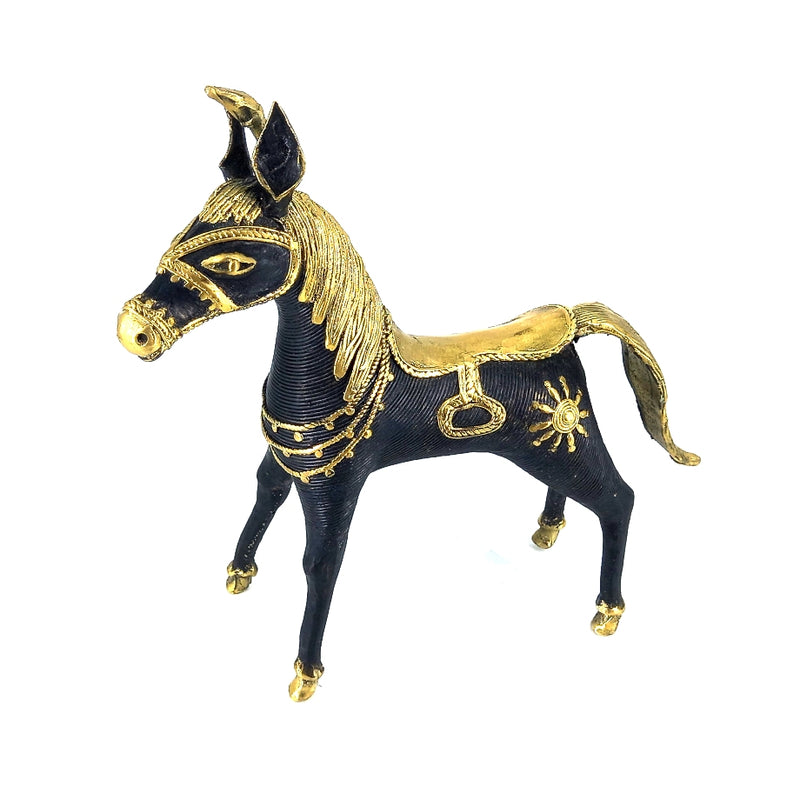 Exquisite Handmade Brass Sleek Horse Statue with Unicorn and Ornamental Detailing (Black, 8.5 inch)