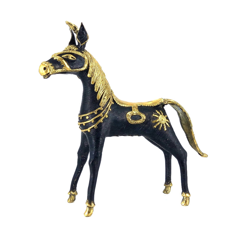Exquisite Handmade Brass Sleek Horse Statue with Unicorn and Ornamental Detailing (Black, 8.5 inch)