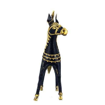 Exquisite Handmade Brass Sleek Horse Statue with Unicorn and Ornamental Detailing (Black, 8.5 inch)