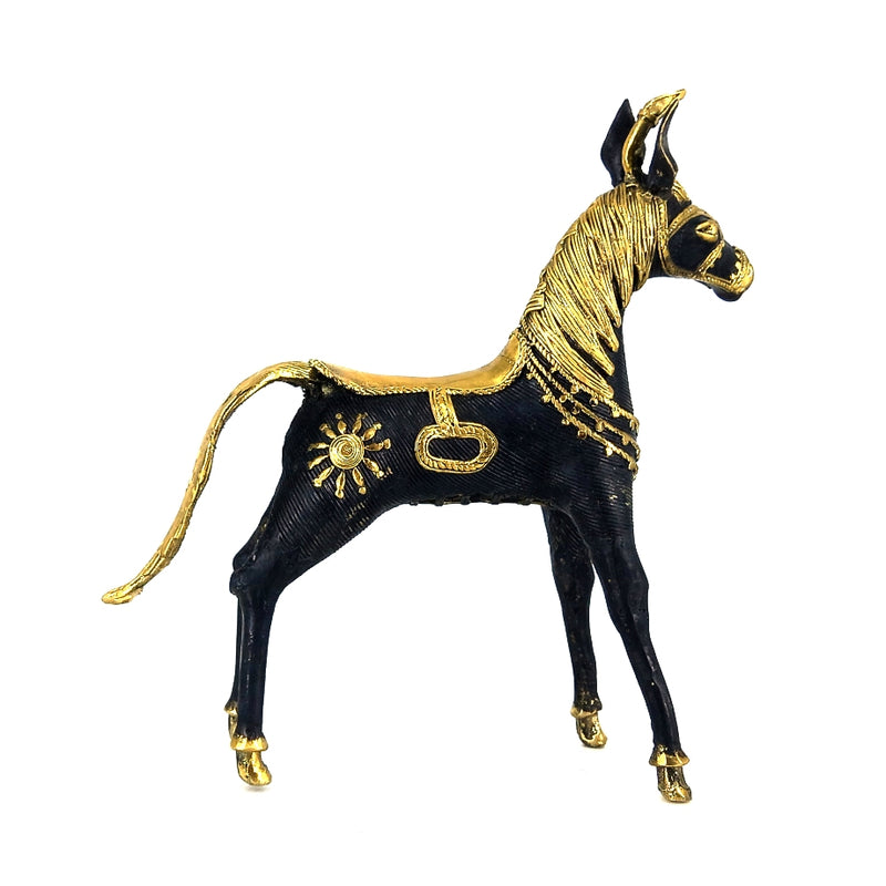 Exquisite Handmade Brass Sleek Horse Statue with Unicorn and Ornamental Detailing (Black, 8.5 inch)