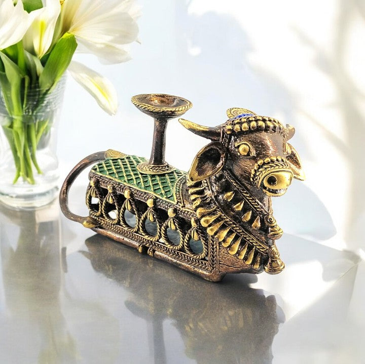 Brass Nandi Tea Light Holder of Bell Metal Art (Multicolor, 6.5 x 4.5 inch)