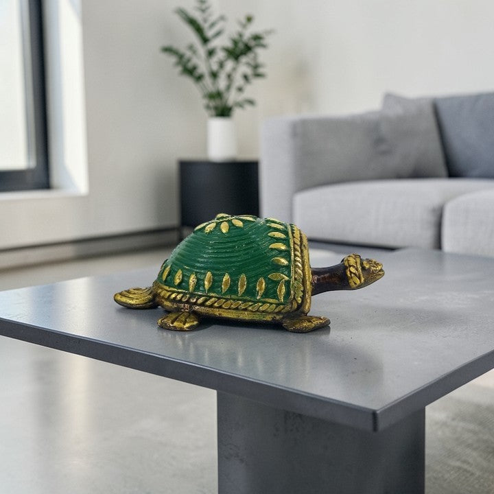 Handmade brass tortoise showpiece in green finish, Bastar Dokra tribal art 2.5 inch home decor piece