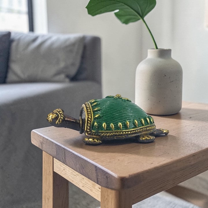 Handcrafted bell metal turtle figurine in green finish, Bastar Dokra tribal art 3.5 inch home decor item