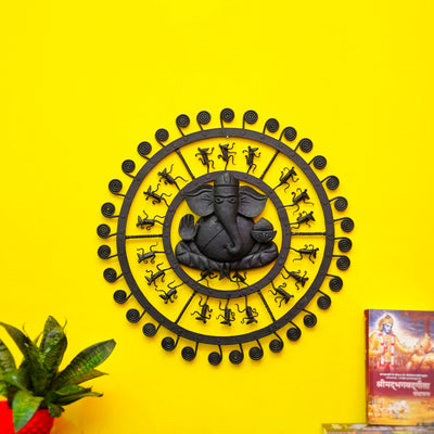 Bastar Ironl Craft Handmade Round Ganesha Wall Hanging (Black, 24 inch)