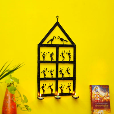 Handmade Tribal House Iron Wall Hanging with Tea Light Holders (Black, 22 inch)