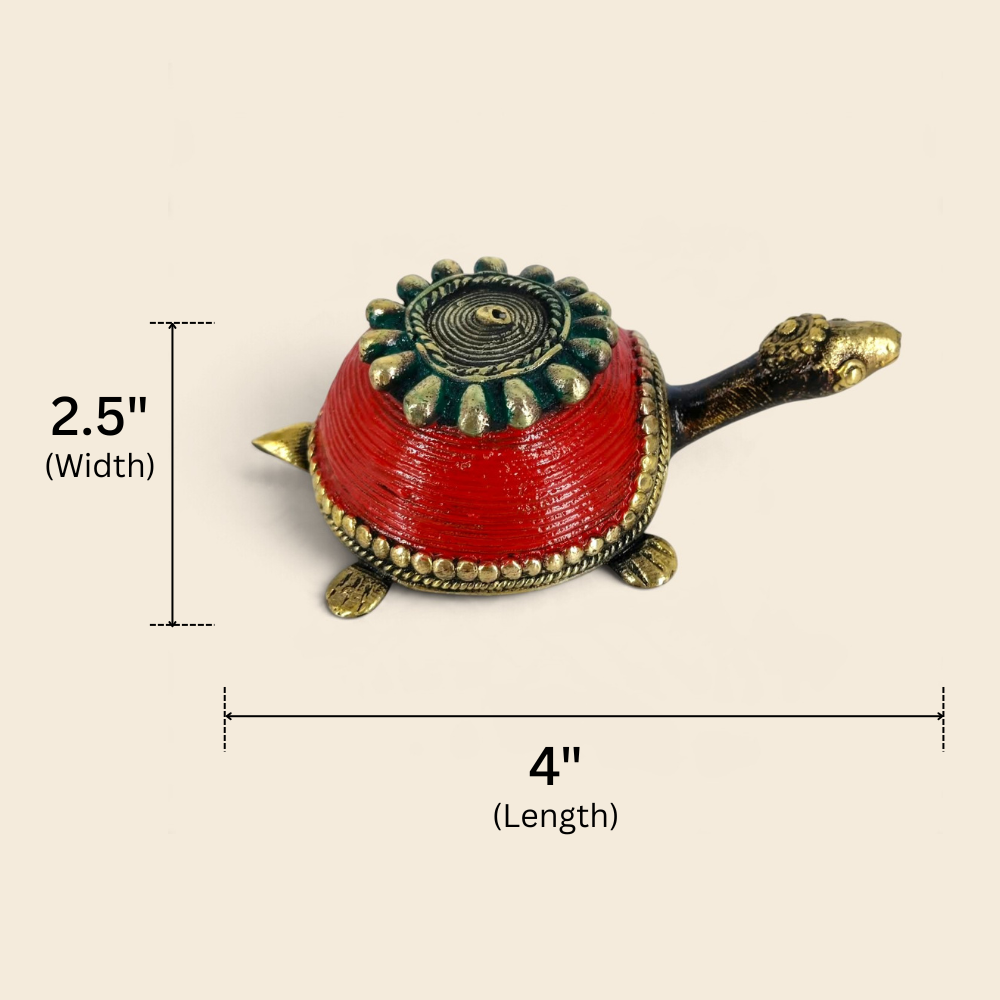 Red Turtle with Floral Design on Shell | Bastar Dhokra Brass, 4 inch