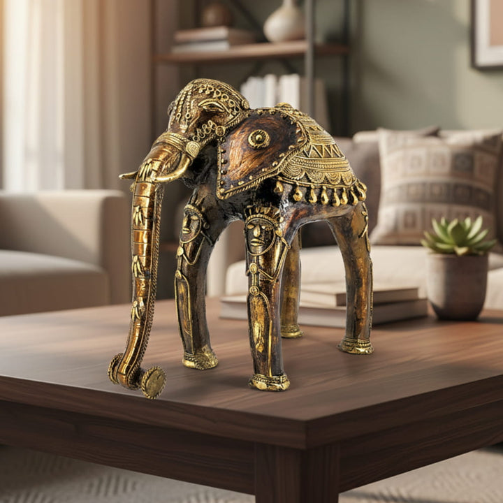 Handcrafted Bastar Dokra Art Curved Elephant Bell Metal Figurine | 7.5 inch