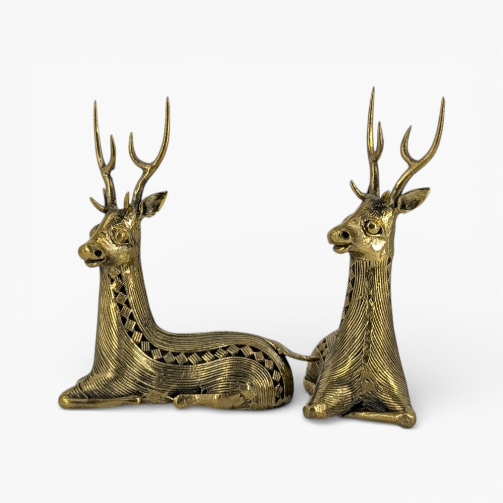 Brass bell metal sitting deer duo with size reference showing 4.5 inch handcrafted animal figurines