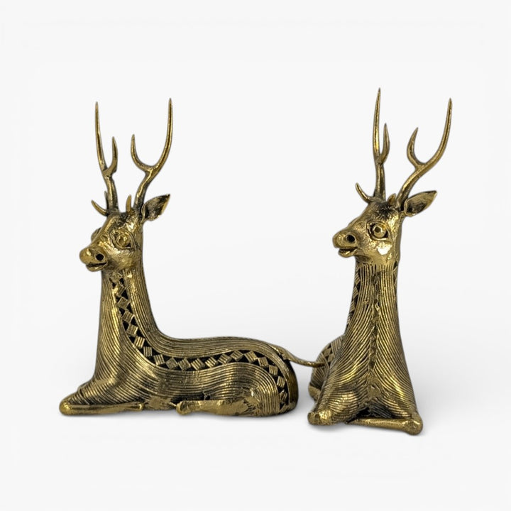 Brass bell metal sitting deer duo with size reference showing 4.5 inch handcrafted animal figurines