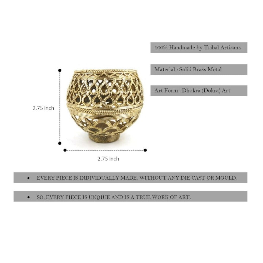 Tribal Art Brass Metal Ornate Pen Holder with Bulbous Shape (Golden, 3.5 inch)