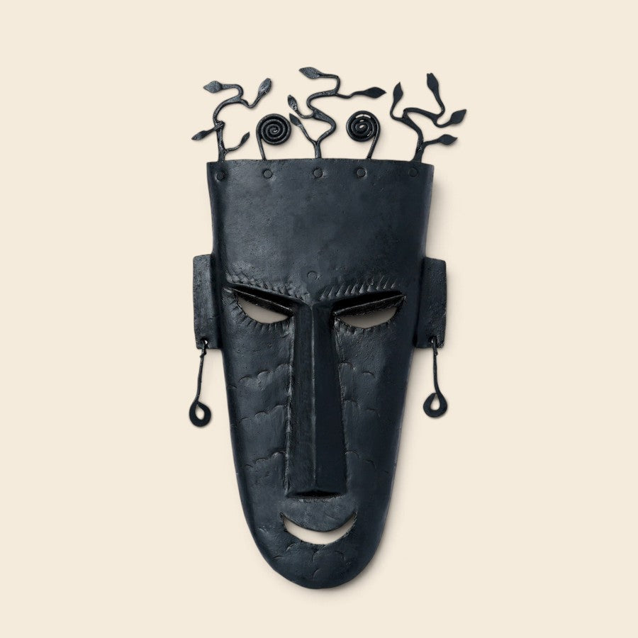 Abstract Tree wall mask in handcrafted black wrought iron with spiral and vine details, Bastar art by Shambhavi Creations