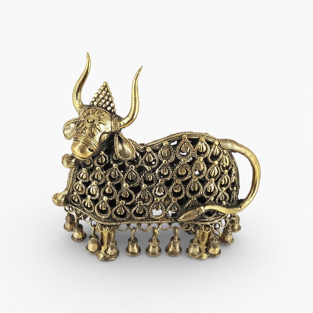 Handcrafted Nandi sculpture with hanging bells India top angle view