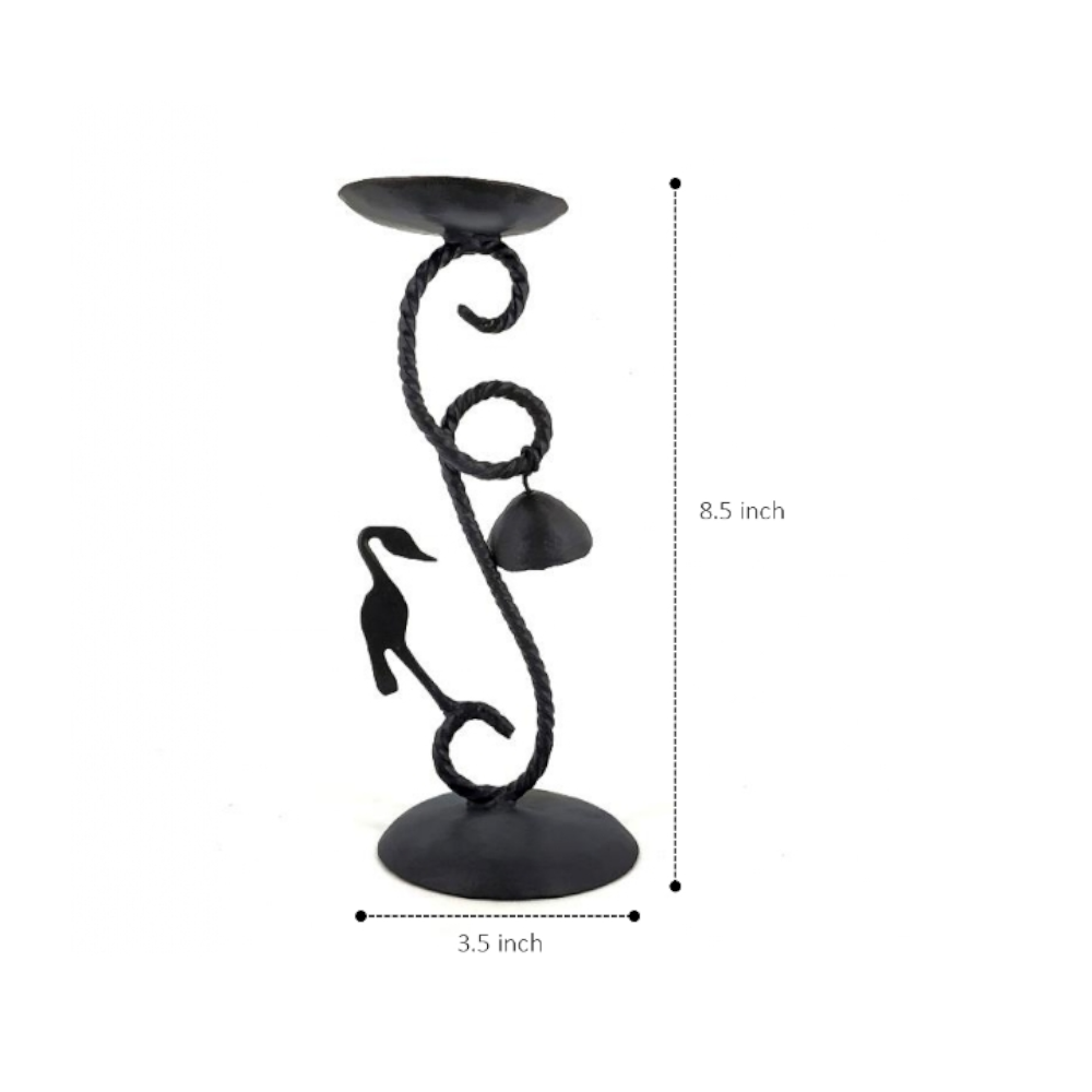 Artisan made iron bird candle light holder side angle size details