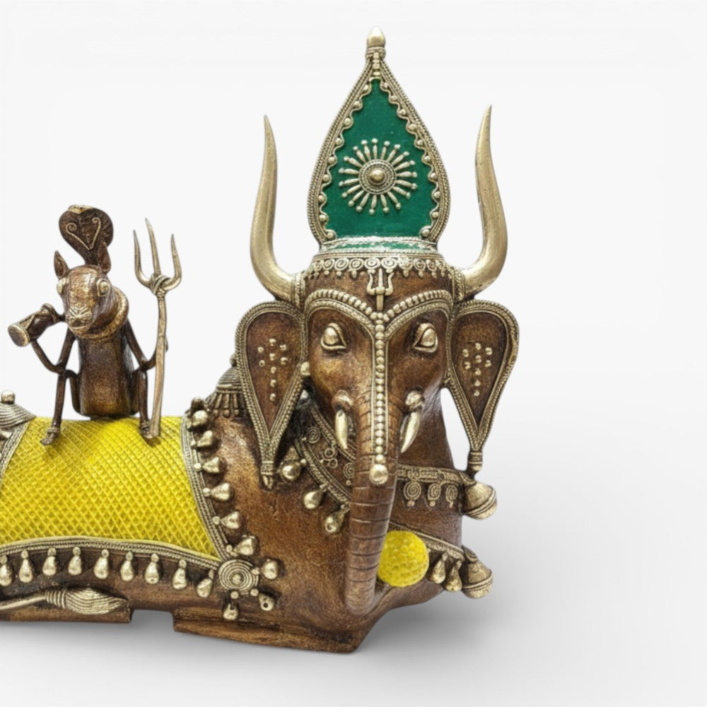 Handcrafted Bahurupiya brass artefact in Bastar Dokra art, multicolor decorative Indian metal sculpture shown in angled front view, 12 inch
