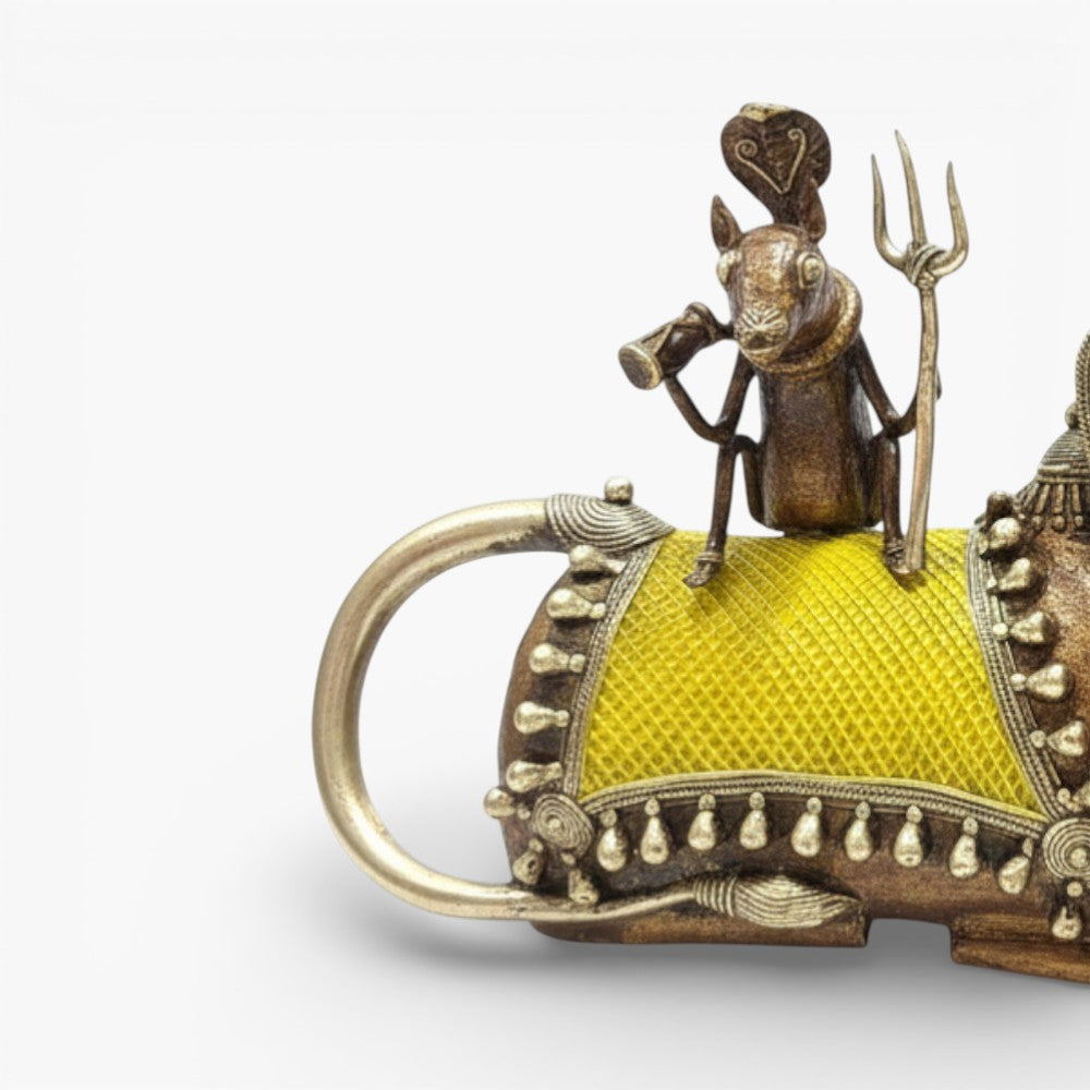 Back view of handcrafted Bahurupiya brass artefact in Bastar Dokra art, multicolor decorative Indian metal sculpture, 12 inch