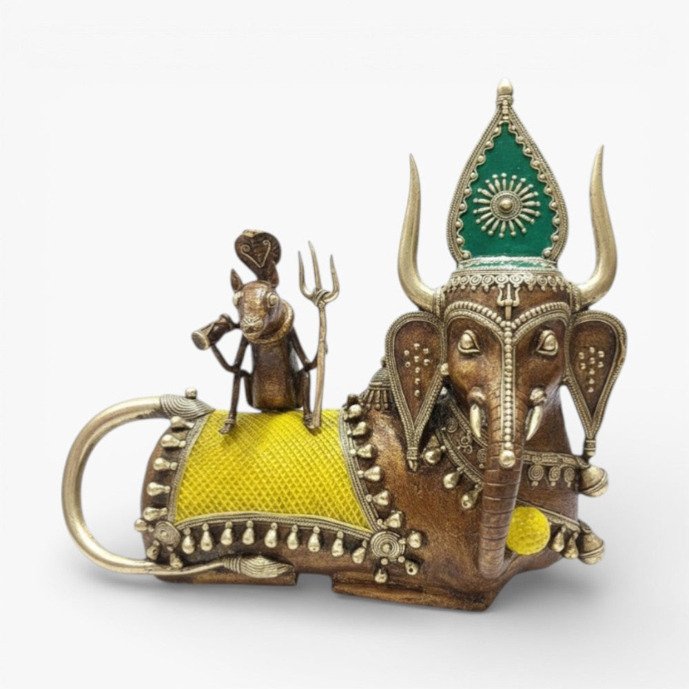 Bahurupiya brass artefact crafted in Bastar Dokra art, multicolor handcrafted Indian metal sculpture shown on white background, 12 inch