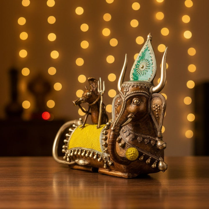 Handcrafted Bahurupiya brass artefact in Bastar Dokra art with festive lights background, multicolor 12 inch decorative sculpture