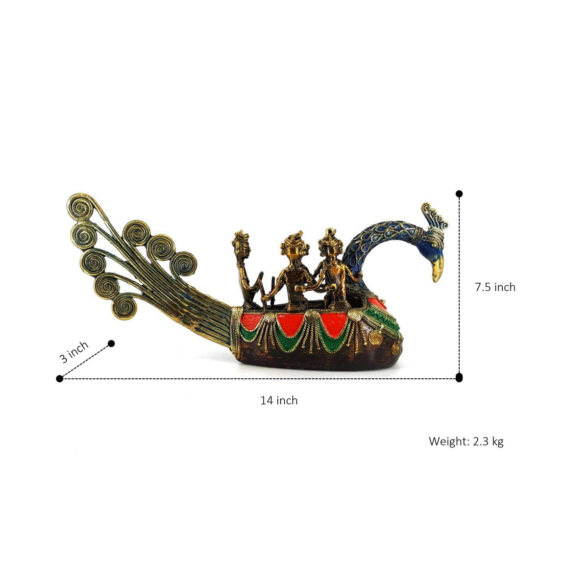 Bastar art brass peacock boat statue with size reference showing 14 inch length and 7.5 inch height for home and office decor