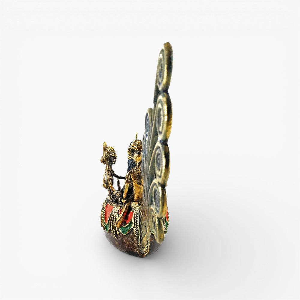 Rear side view of Bastar art brass peacock boat statue highlighting spiral tail detailing and traditional dhokra metal work