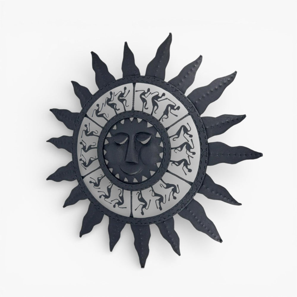 Traditional Bastar iron art sun mask wall hanging with tribal dance motif handcrafted metal wall decor