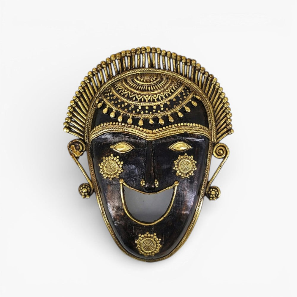 Handcrafted Bastar art ornamented brass wall mask with intricate traditional detailing bronze finish