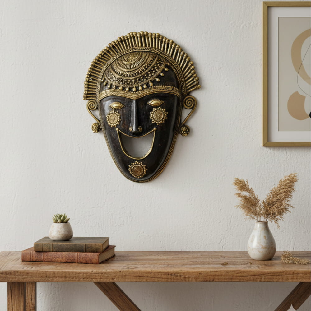 Ornamented brass mask inspired by Bastar art in bronze color with detailed handcrafted patterns, decorative Indian metal wall mask, 10 inch