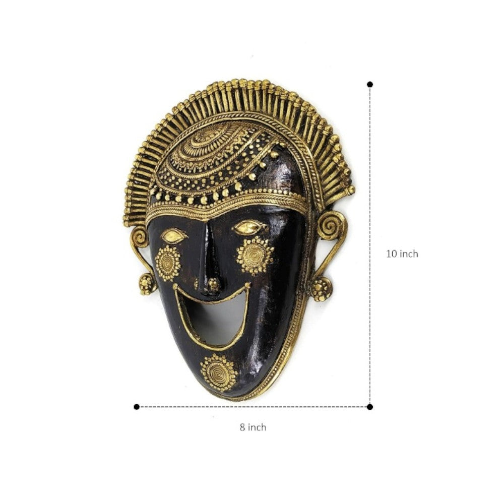Bastar art ornamented brass mask with size reference showing 10 inch height and 8 inch width for wall and decor display