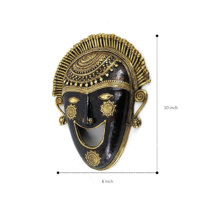 Bastar art ornamented brass mask with size reference showing 10 inch height and 8 inch width for wall and decor display