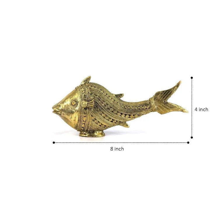 Bastar Dhokra art brass fish figurine with size reference showing 8 inch length and 4 inch height for home décor display