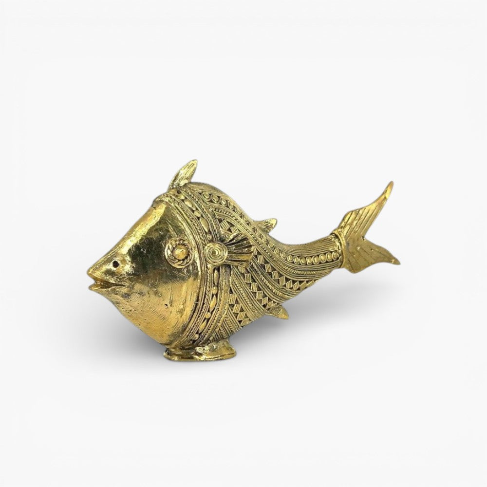 Bastar Dhokra art brass scaly fish figurine in golden finish shown in clean side profile highlighting handcrafted metal detailing