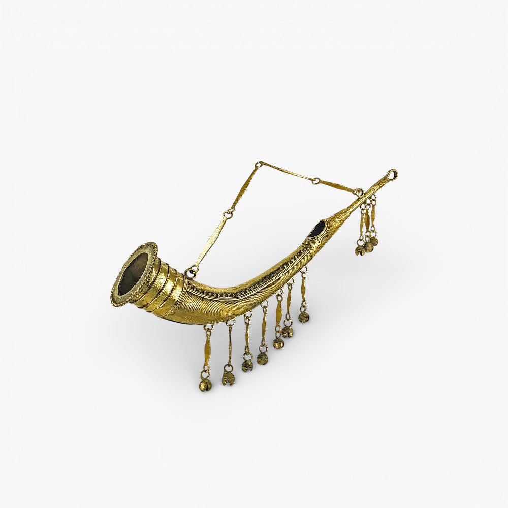 Handcrafted Bastar Dhokra art brass trumpet todi wall accent with hanging chains in golden finish