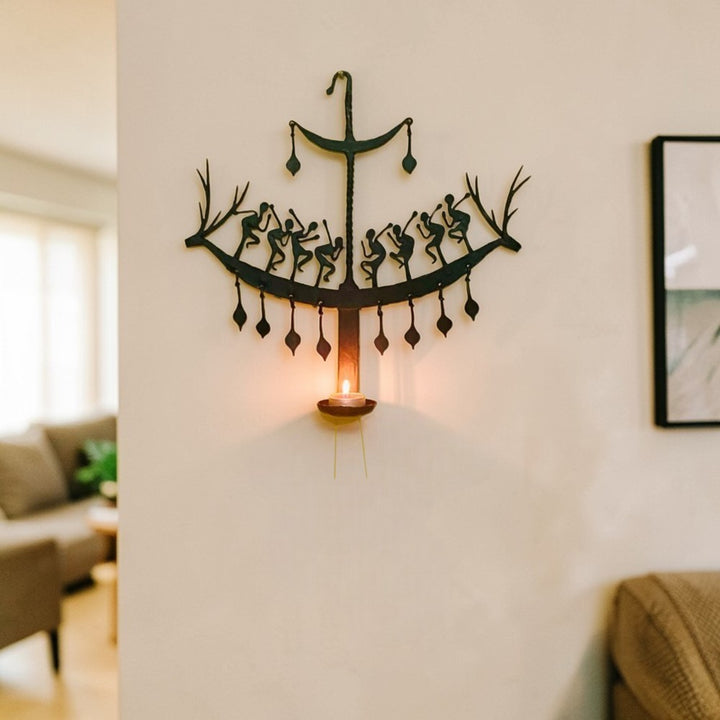 Handmade iron Bastar Dokra art deer wall hanging with candle holder