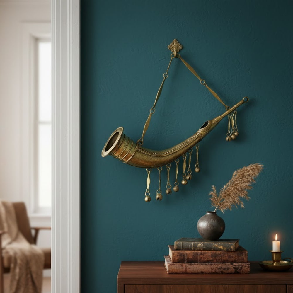 Handcrafted Bastar Dokra art trumpet todi wall accent in golden brass finish, traditional Indian metal wall decor, 15 inch