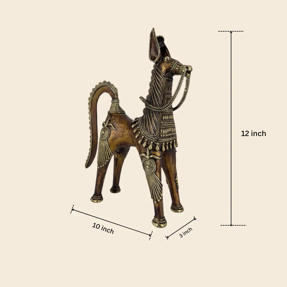 Bastar Dhokra brass classic horse sculpture dimensions, 12 inch height, 10 inch length and 3 inch width (approximate dimensions)