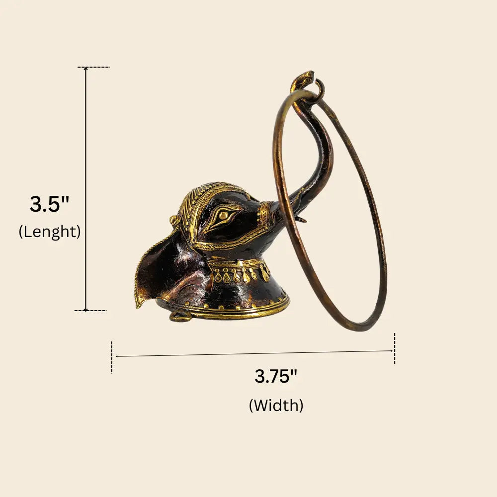 Bastar Dhokra brass elephant head towel ring dimensions, 3.5 inch length and 3.75 inch width (approximate dimensions)