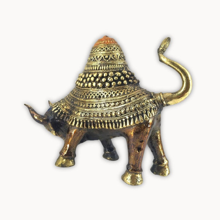 Side view Bastar Dokra brass raging bull statue handcrafted tribal metal art decor
