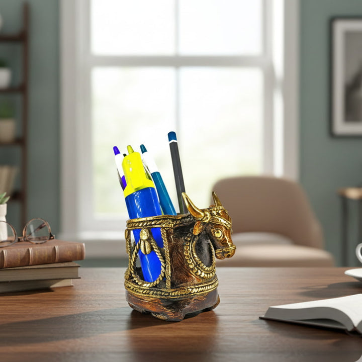 Bastar Dokra art brass bull head pen holder used as a handcrafted desk organizer in bronze finish, decorative Indian metal stationery holder, 3.5 inch