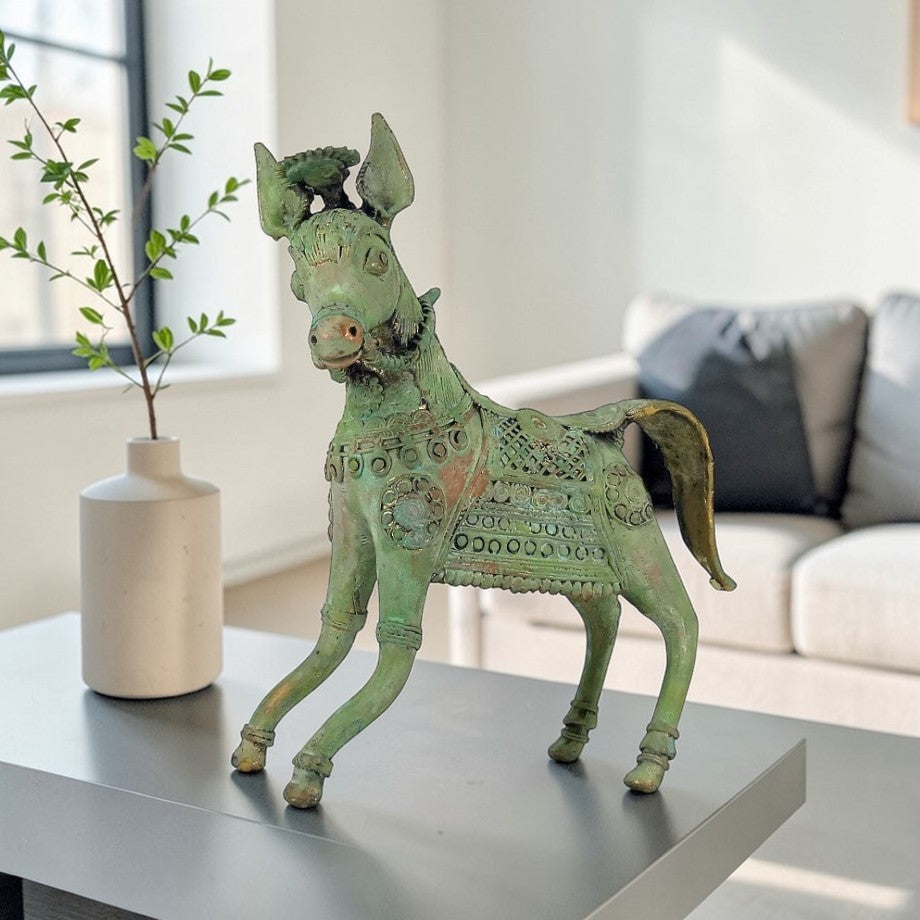Handcrafted Bastar Dokra art brass charging horse figurine with antique green finish, 8.5 inch traditional tribal home decor piece