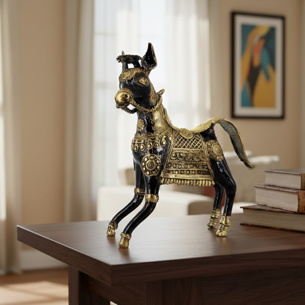 Bastar Dokra art brass charging horse figurine with intricate handcrafted detailing, black and gold finish, decorative Indian metal sculpture, 8.5 inch