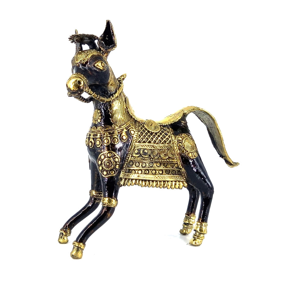 Bastar Dokra art brass charging horse figurine black gold