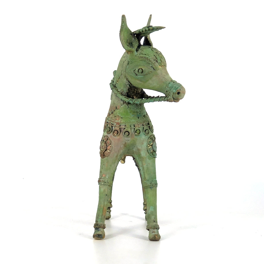 Verdigris green Bastar Dokra art brass charging horse statue face front view
