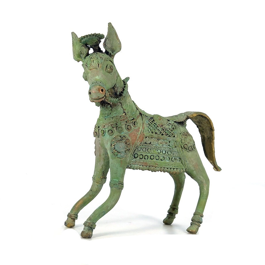 Verdigris green Bastar Dokra art brass charging horse statue front view