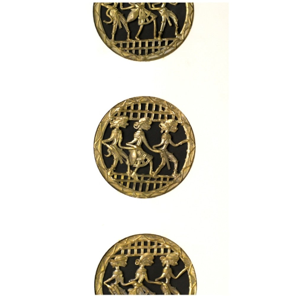 Handmade Bastar Dokra art brass circular dancing motifs arranged vertically in wall frame decor